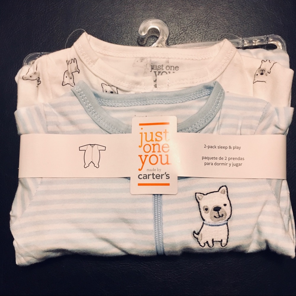 NWT Blue White Puppy 2 Pack Sleep & Play Onesie NB